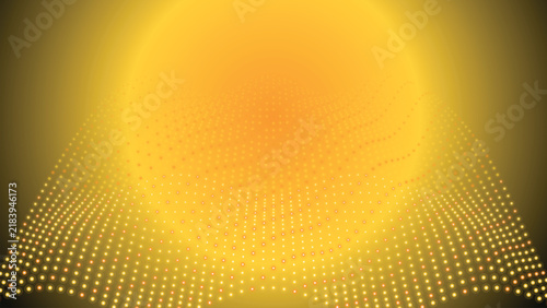 Wavy grid of glowing yellow and orange dots forming a three-dimensional landscape on a dark brown gradient background