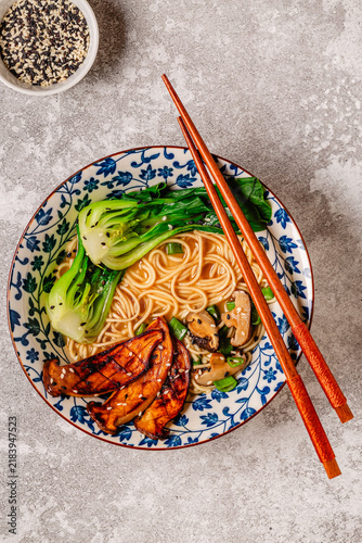 Obraz na plátně Vegan miso ramen noodle soup with eryngii and shiitake mushrooms, pak choi cabba