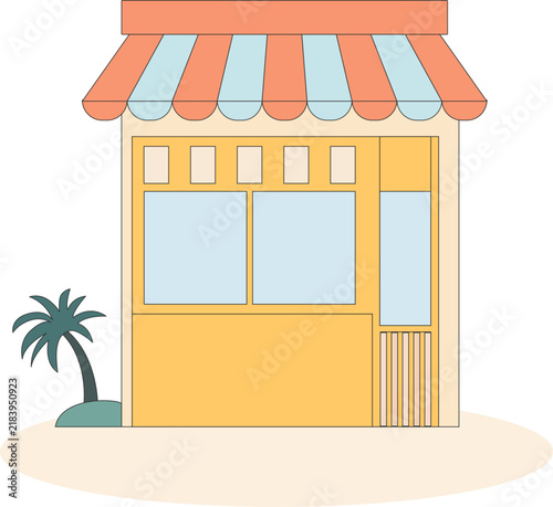 a small, yellow cartoon storefront with an orange and blue striped awning and a small palm tree.