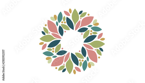 Elegant abstract circular leaf wreath composed of colorful leaves and berries on a white background.