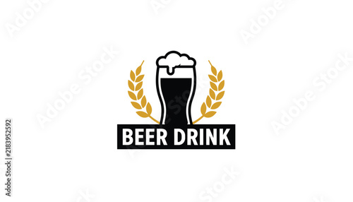 Classic emblem logo for beer drink featuring a full pint of stout beer framed by golden wheat ears.