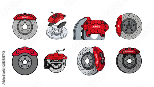 Red Performance Brake Caliper Gripping Perforated Rotor Flat Vector Icon Isolated on PNG Background, brake caliper, brake rotor, performance brake, car brake, disc brake, 
