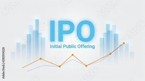 A light blue ipo initial public offering text with an orange line graph showing growth trends against a light gray background, with bars