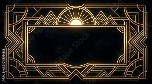 Gold art deco geometric frame on black background