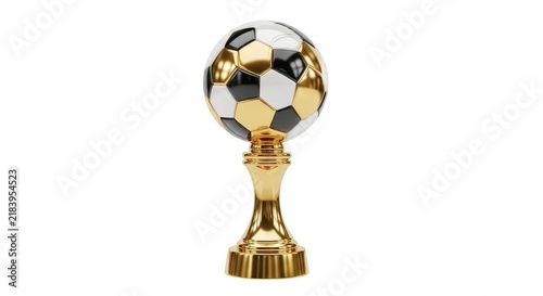 Golden football trophy with shiny ball top isolated on white background