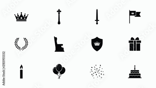 Obraz na plátně Black and white icons of royal and celebration symbols arranged in a grid layout
