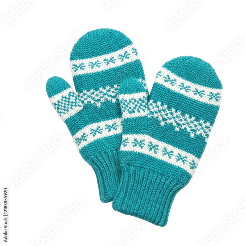 Obraz na płótnie Turquoise winter mittens with white snowflake pattern isolated on transparent