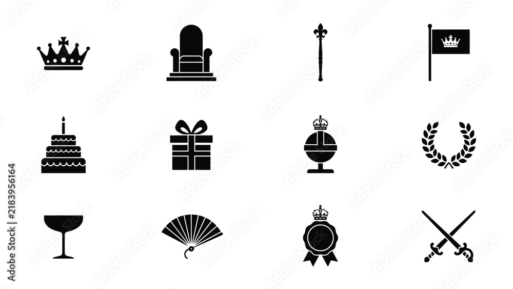 Fototapeta premium Royal and ceremonial icons representing traditional symbols in monochrome vector style with Black white vector icons classic symbols associated royalty celebration illustration