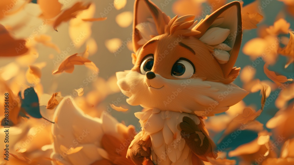 Obraz premium A fox character enjoys the colorful falling leaves while surrounded by warm light during a lively autumn day.