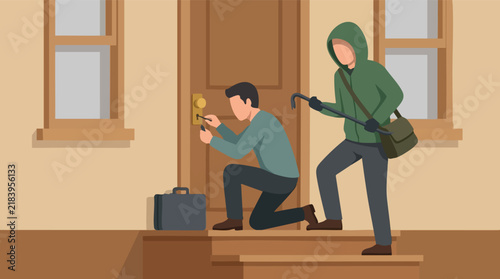 Bild auf Leinwand Burglars breaking into a house with tools and crowbar, a scene of crime
