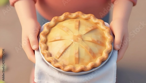 Hands holding pumpkin pie, proud, serving freshly baked pastry on towel