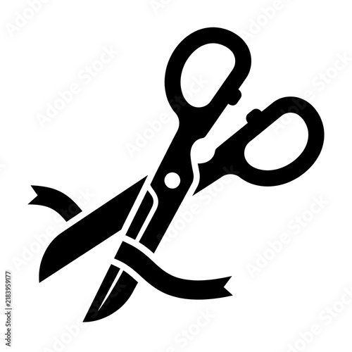 Scissors cutting decorative ribbon icon for grand opening ceremony and celebration events.