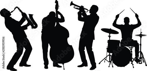 Set of jazz band musician black silhouettes playing saxophone, double bass, trumpet, and drum kit.