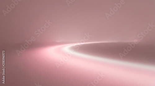 Soft pink curved light trail with bright white center on a muted pink hazy background keywords