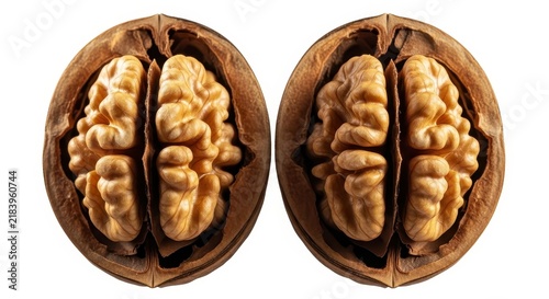 Two halved walnuts with visible kernels isolated on white background
