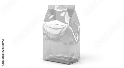 Empty transparent coffee bag standing upright isolated on white background