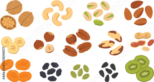 Healthy Edible Nuts Seeds and Dried Fruits Vector Icon Set with Walnut Cashew Almond Pistachio Apricot and Kiwi Elements for Organic Vegan Food Graphic Designs