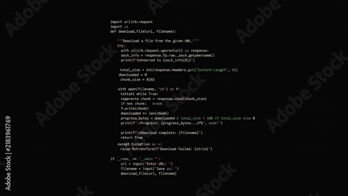 Python programming code displayed on a computer screen showing a file download script with error handling and logging functions in dark mode