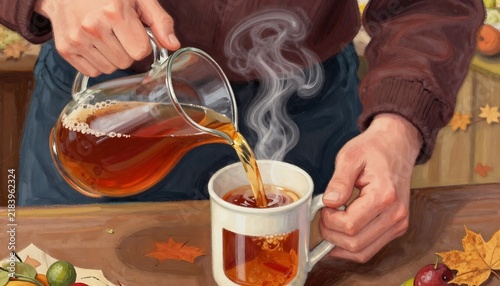 Man pouring hot liquid, steamy, cozy drink in ceramic mug