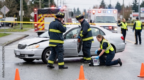 Emergency responders and paramedics attending to a car accident scene on a city street.