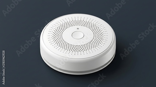 A modern, round white smoke detector with a circular perforated pattern and a central button on a