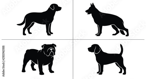 Принти на полотні Four canine silhouettes against a white background depict different dog breeds