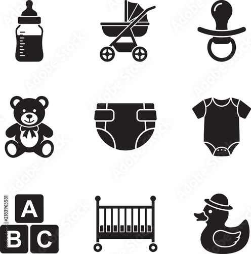 Baby items including a bottle, stroller, and toys are displayed as a collection of black icons.