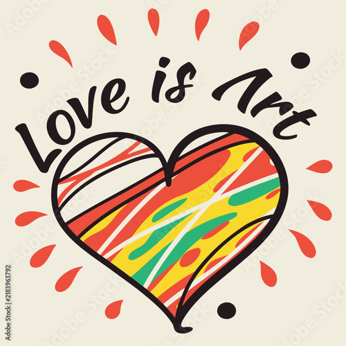 Love is art typography design with a colorful abstract heart illustration, creative romantic concept for valentines day or artistic greeting cards