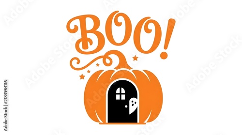 A delightful halloween scene shows a charming pumpkin house with a friendly ghost and whimsical boo lettering for a festive touch