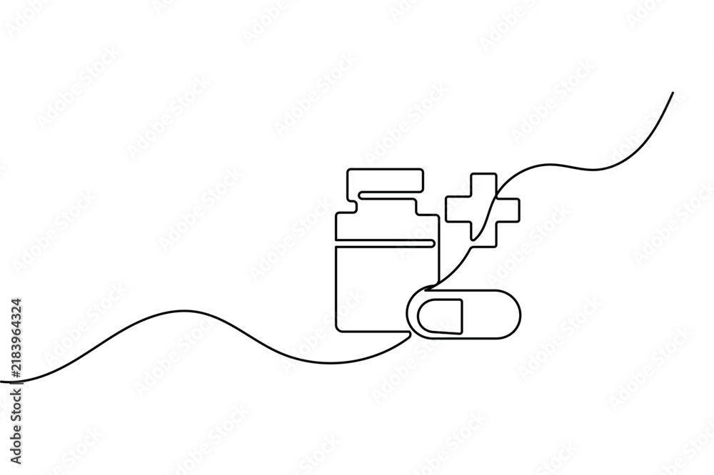 Obraz premium Medicine bottle continuous line art depicting a healthcare concept with capsule and cross elements and editable stroke vector.