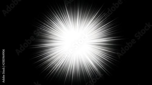 Bright white starburst effect with radial light rays on a black background, intense glow