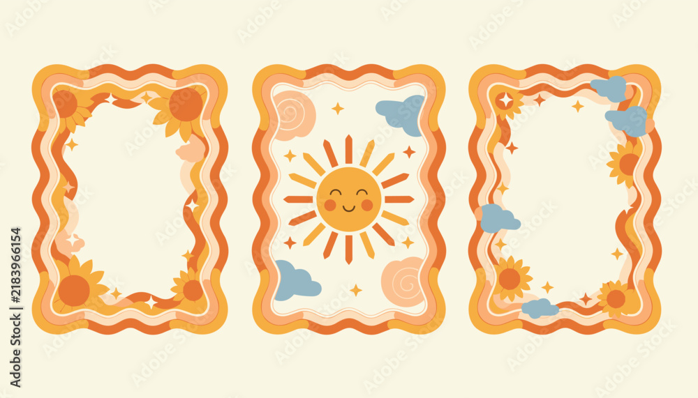 Fototapeta premium Groovy retro sun and cloud frame set in warm orange and yellow tones offers a nostalgic 1970s aesthetic for creative graphic projects.