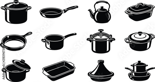 Cuadro en lienzo Kitchen cookware and home culinary pots pans black vector silhouettes set includ