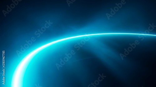 Glowing cyan arc of light on dark smoky background, with subtle rays, keywords: blue, cyan, light