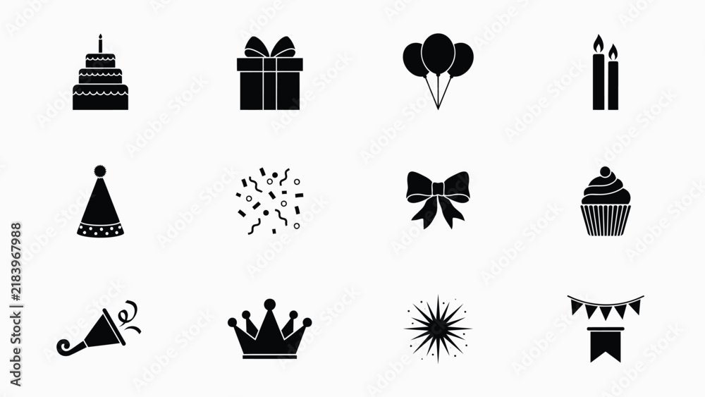 Naklejka premium Black with Celebration icons collection party themed illustrations including cakes cakes balloons candles candles hats confetti confetti bows crowns