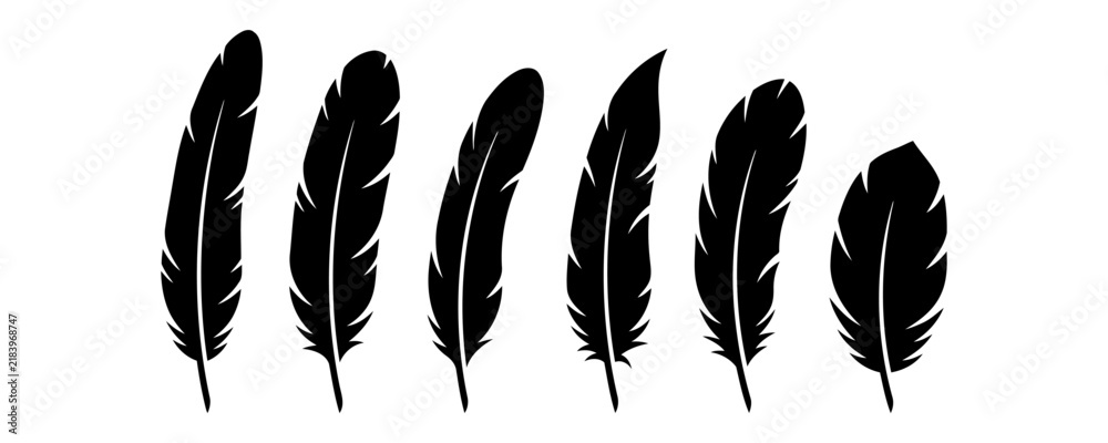 Obraz premium Black feather silhouettes, set of 6 bird feather icons. Minimalist quill vector graphics for logo design and decorative branding.
