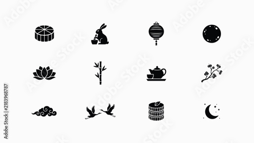 Black and white icons depicting traditional cultural symbols in minimalist silhouette style with silhouettes showcase traditional symbols with symbols