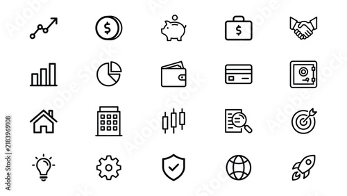 Collection of business finance and investment icons on transparent background