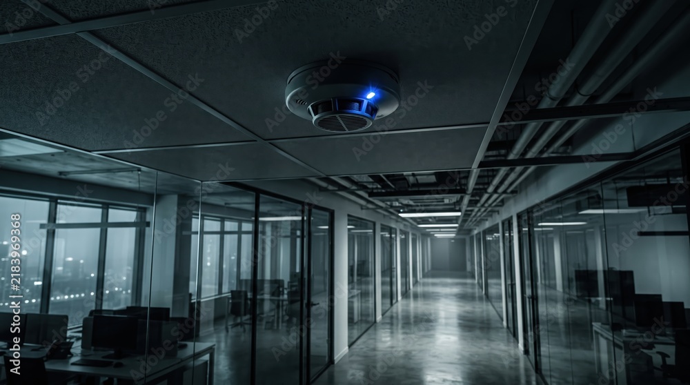 Fototapeta premium Modern smoke detector with glowing blue light on office ceiling in dark cinematic hallway