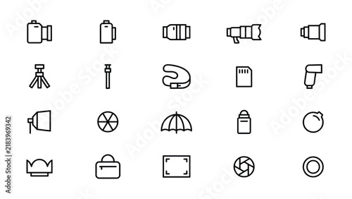 Collection of various photography and lighting equipment icons isolated on transparent background