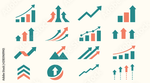 A collection of various business growth charts and upward pointing arrows for financial analysis.
