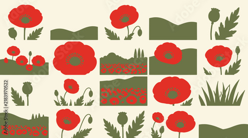 A collection of stylized red poppy flowers and green leaves arranged in a grid of panels.