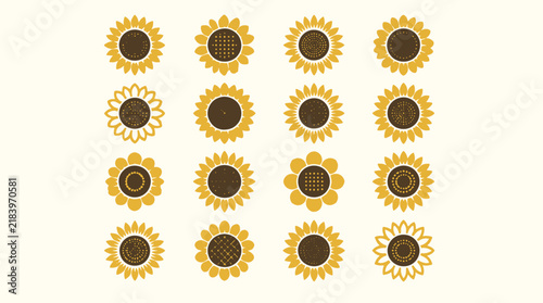 A collection of sixteen unique stylized sunflower icons arranged in a neat grid formation.