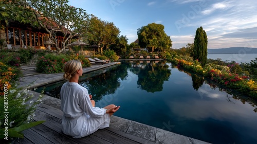 Woman in white meditating by infinity pool overlooking serene water, mountains, and landscape