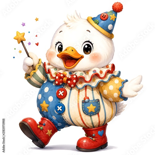 Cute duck character in colorful clown outfit waving, isolated illustration