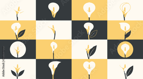 A grid of stylized calla lily flowers arranged in geometric sections with a minimalist aesthetic.