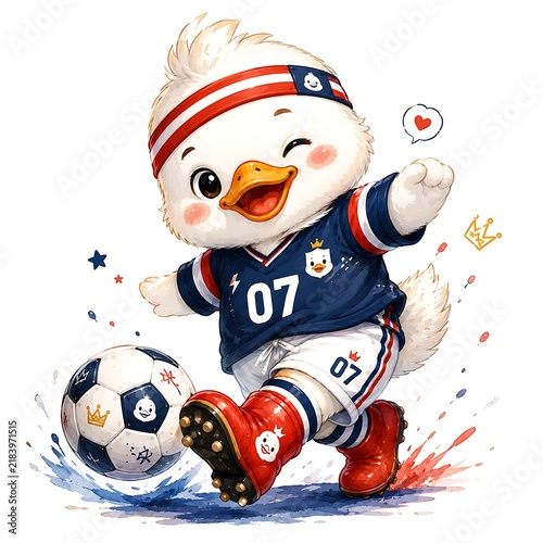 Funny duckling football player stepping on soccer ball, watercolor clipart artwork