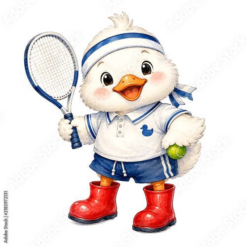 Adorable white duck playing tennis with racket and ball, cute sports character