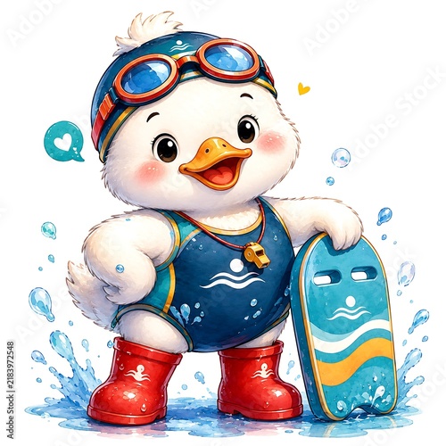 Funny duckling swimmer with goggles and float board, watercolor clipart artwork
