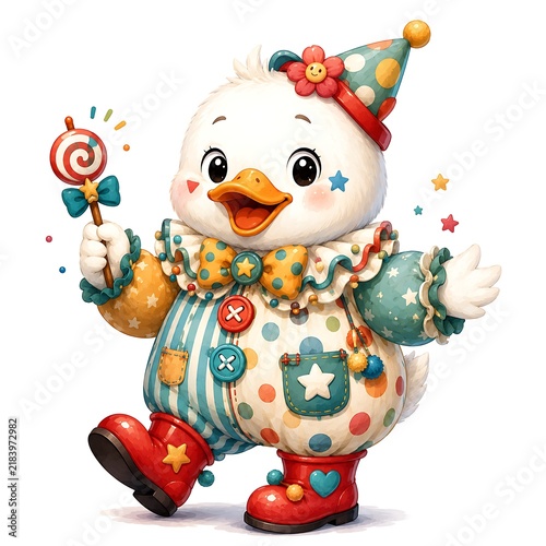 Funny duckling clown costume holding trumpet horn, watercolor clipart design